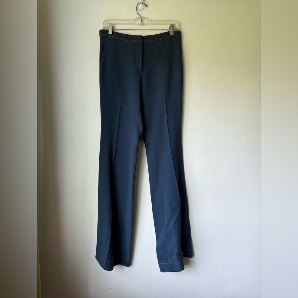 Burberry Navy Red Contrast Stitch Flared Mid Rise Trousers 4 - Picture 4 of 7